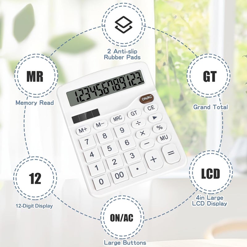 HUTUDD Desktop Calculator, White Calculator Big Buttons, 12-Digits Large LCD Display, Solar and AA Battery Dual Power, Desk Calculators for Office Home School Business Class (White) - Image 4
